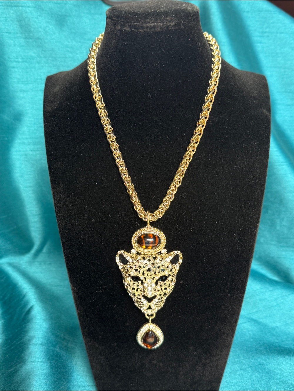 R.J. Graziano Signed Vintage Gold Leopard Statement Necklace Crystal Rhinestone
